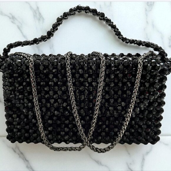 Handmade Black Beaded Shoulder Bag with Silver Chain Strap - Picture 3 of 9
